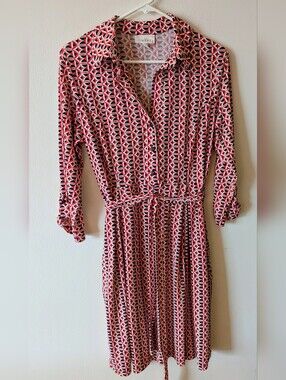 Kenar Casual Red & Black Geometric Shirt Dress Wrap Tie Side Pockets 10